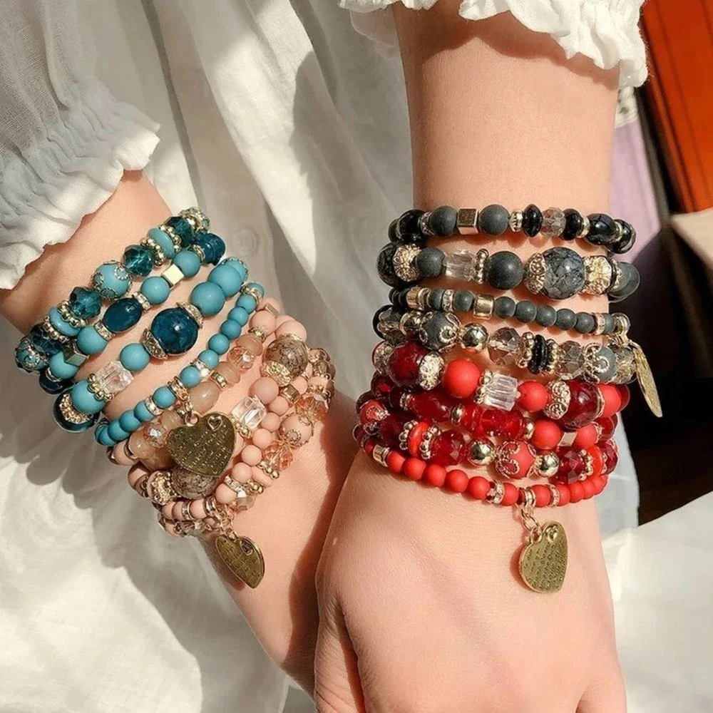 Turquoise Bohemian Glass Charms Bracelet Stretchable Boho Style Blue Jewelry - Picture 6 of 7